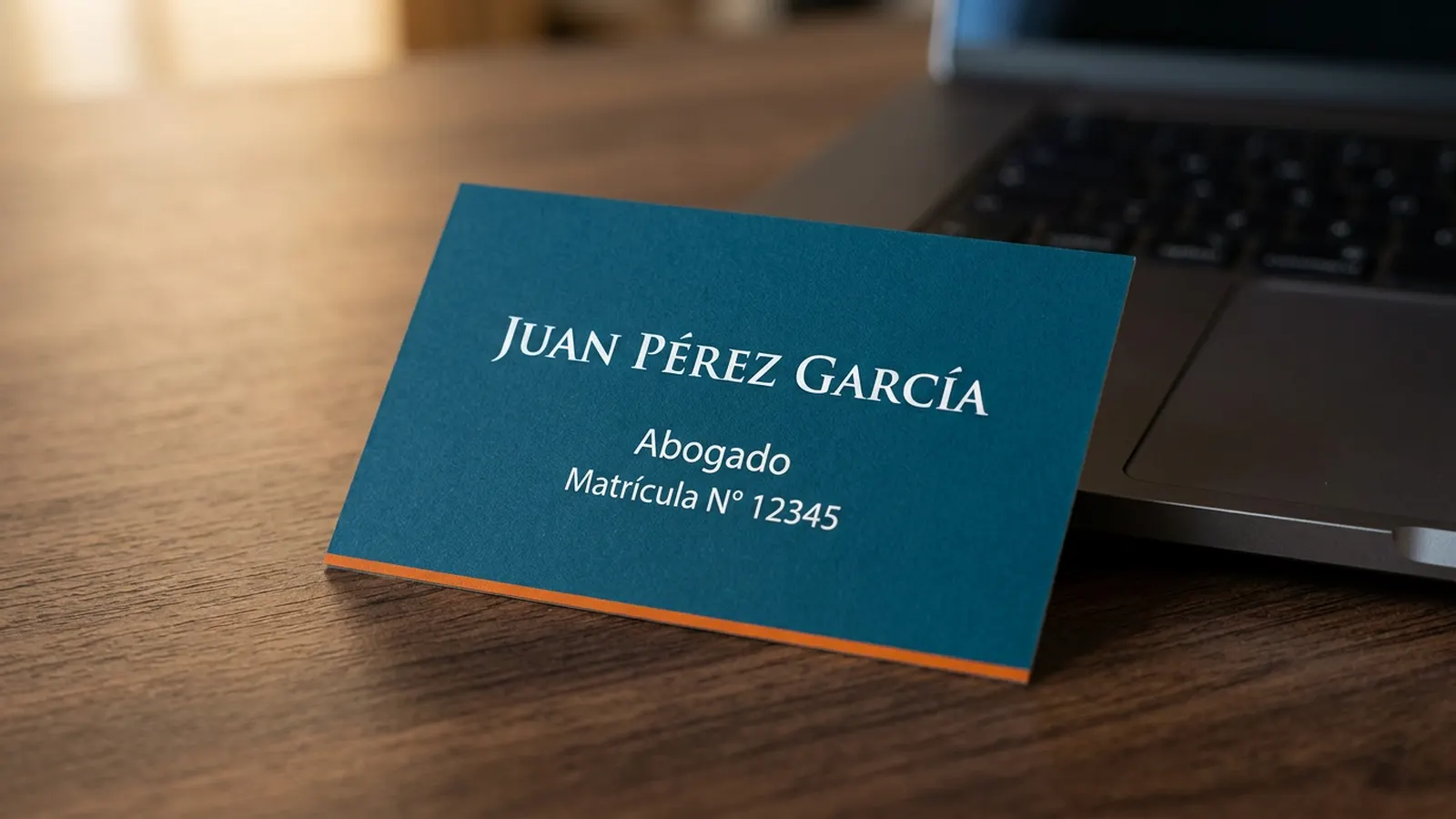 Tarjeta profesional de abogado con matrícula visible