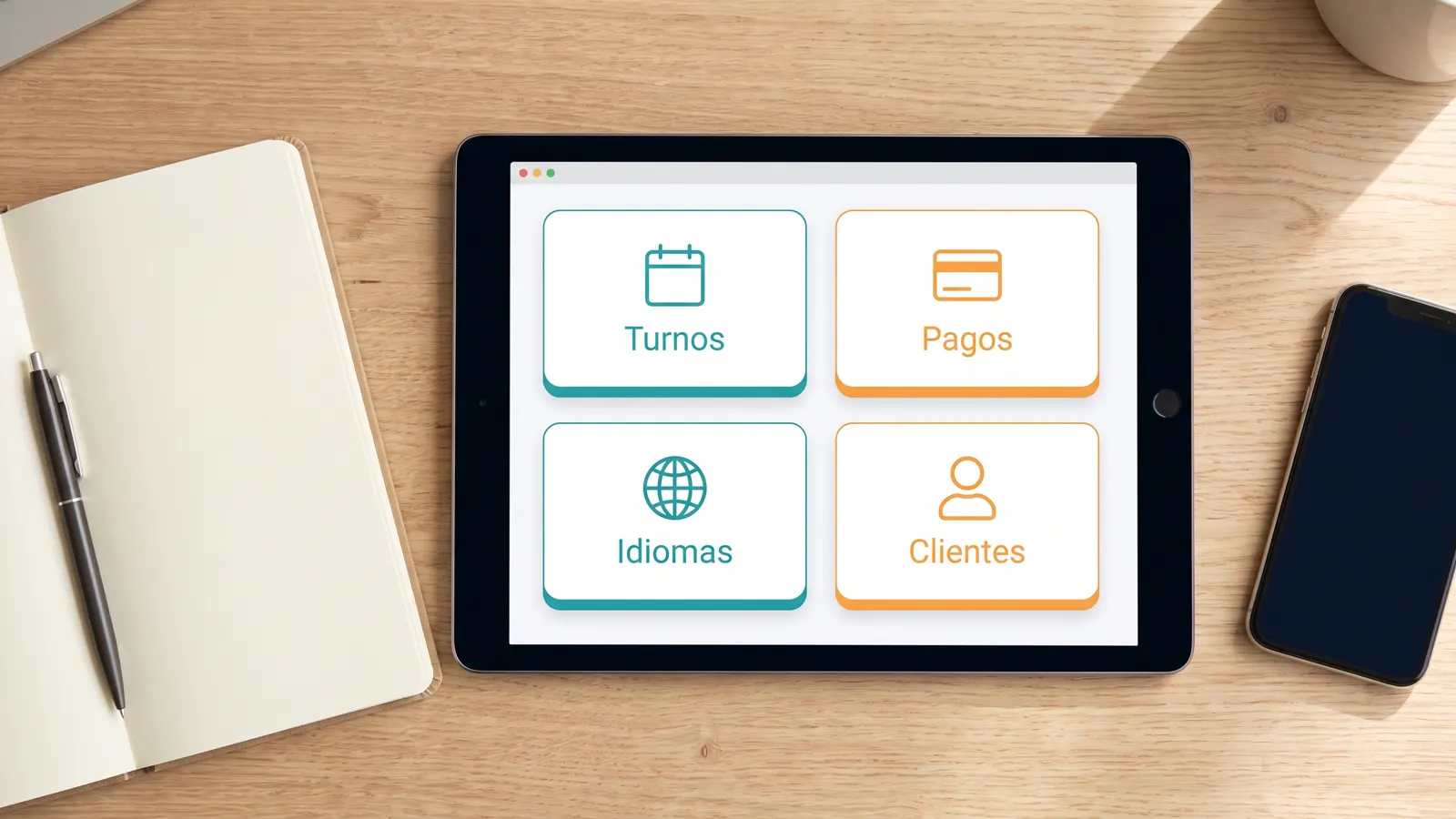 Tablet con módulos de turnos, pagos, idiomas y clientes que suman al precio base de una web