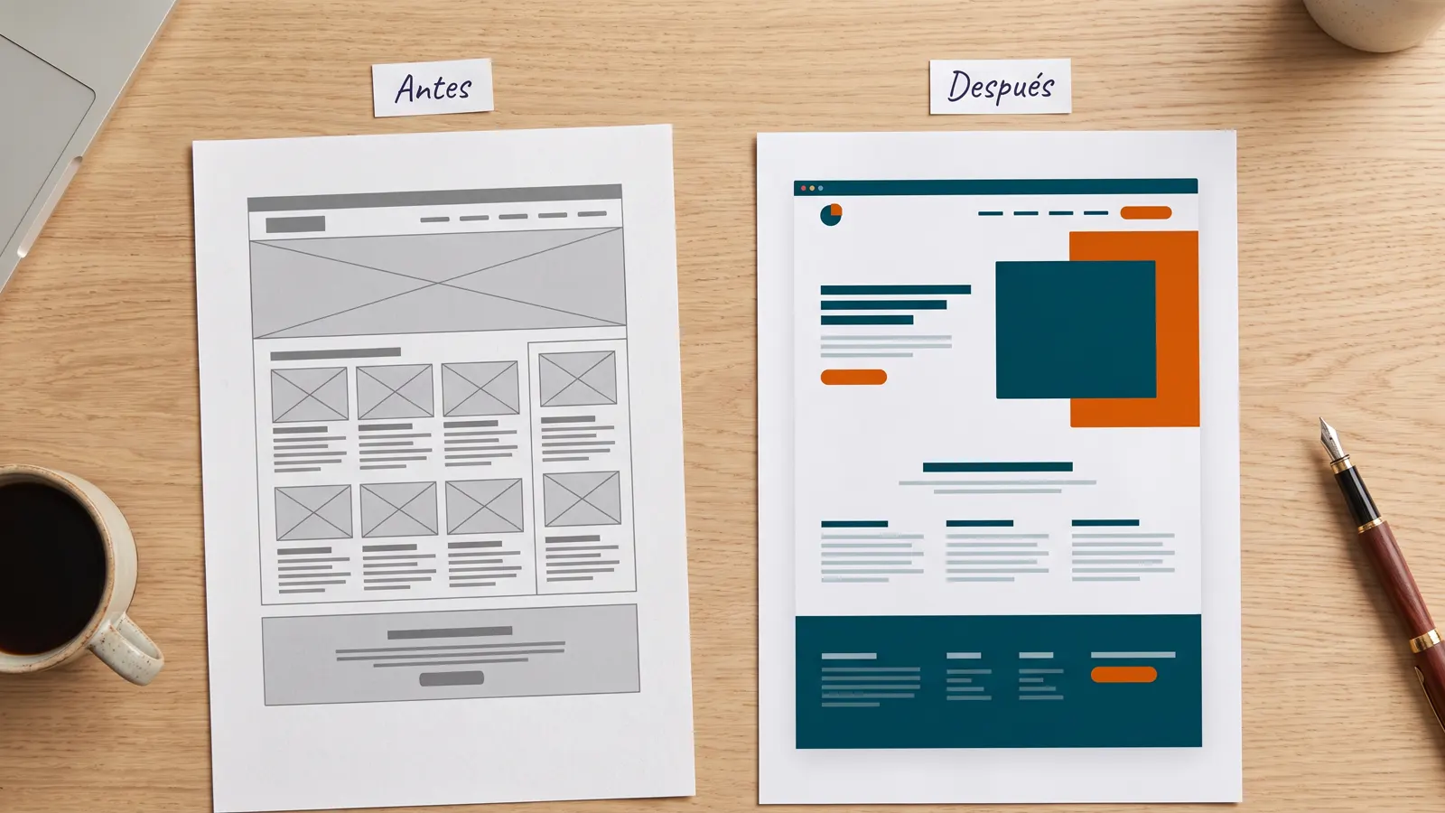 Comparación impresa de una web antes y después de reescribir el texto