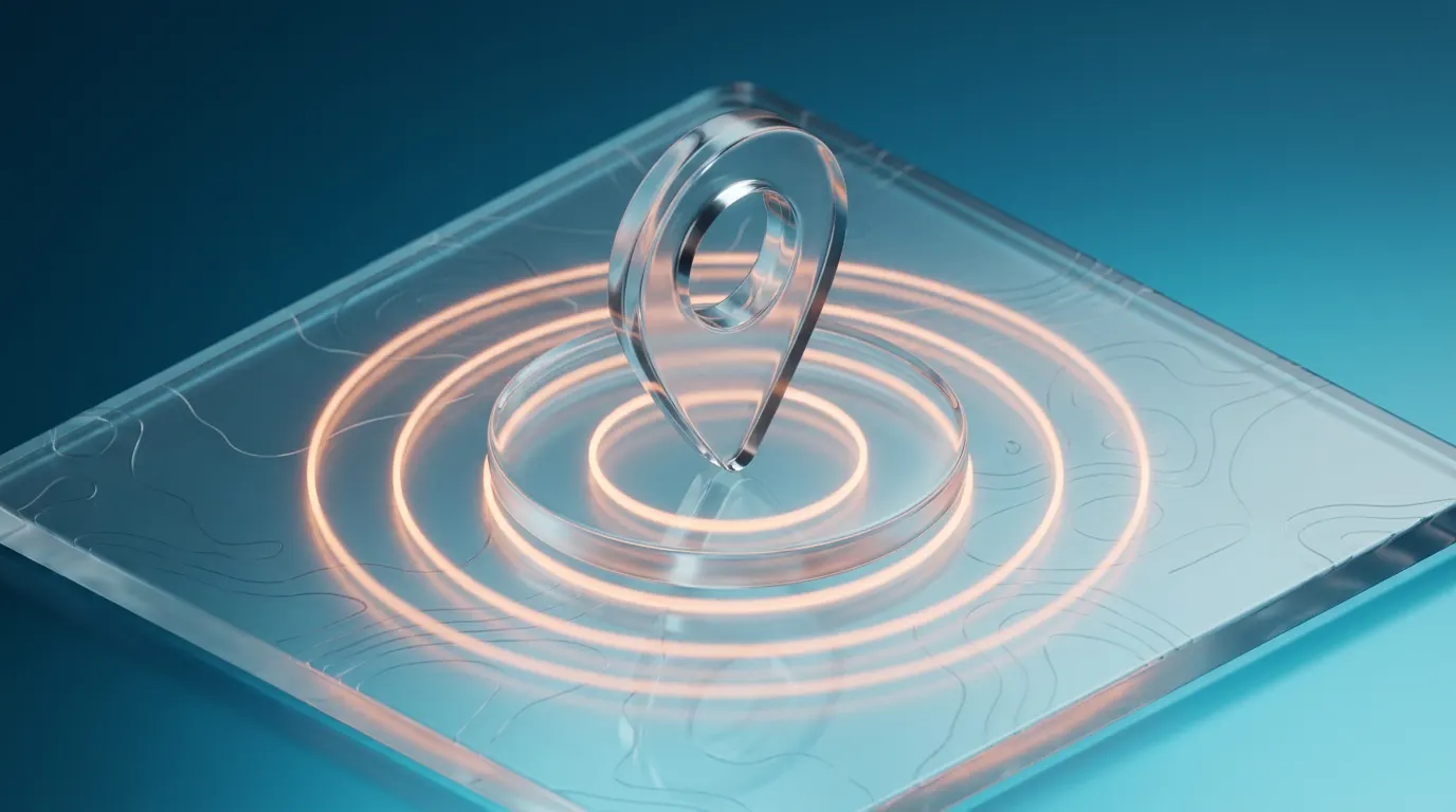 Pin de ubicación de vidrio con ondas concéntricas representando el mapa y la dirección